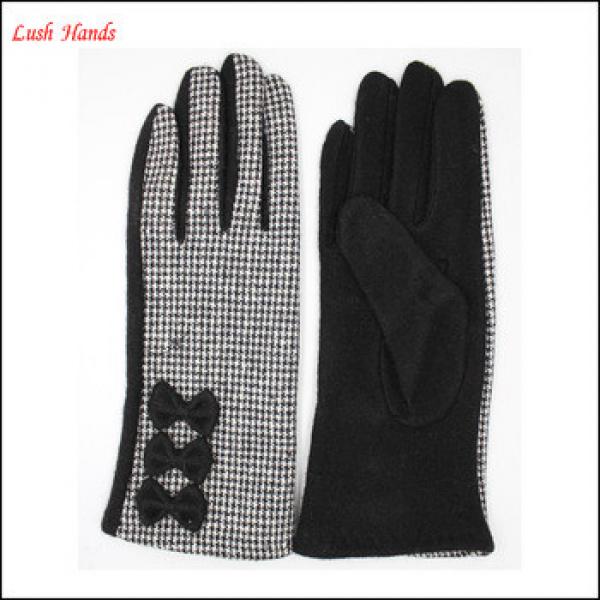 Fashion ladies checkered cloth woolen gloves with bows for wholesale #1 image