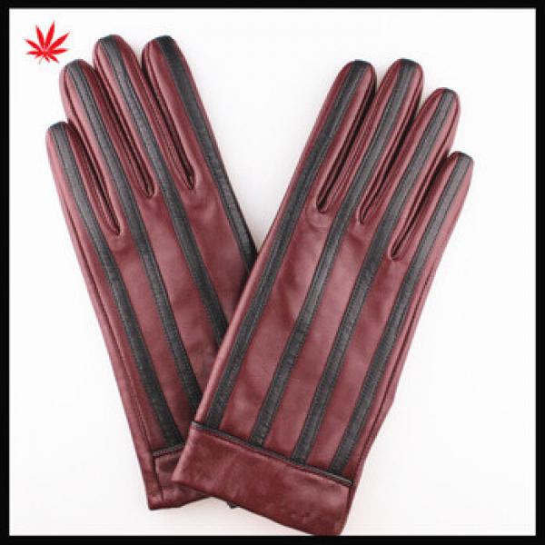 Ladies high quality fashion stripe sheepskin wine red leather gloves #1 image