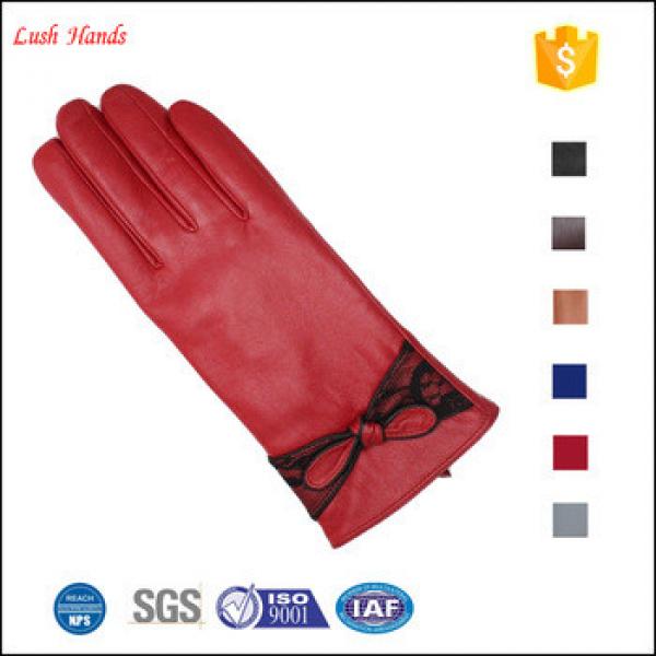 ladies red winter thin leather hand gloves winter with knot #1 image