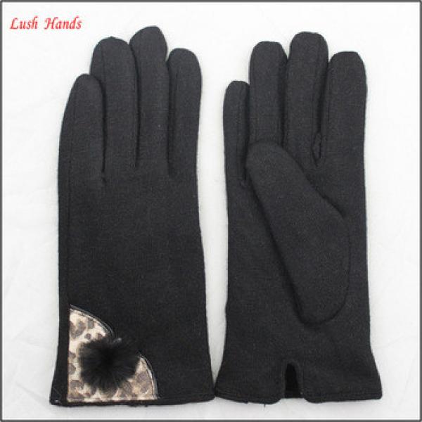 2016 women&#39;s fashionable ladies black woolen gloves with rabbit fur ball #1 image