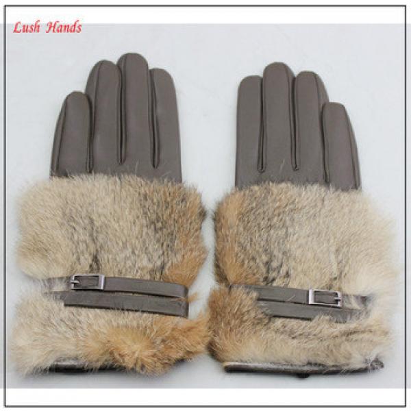 lady grey genuine rabbit fur sexy leather gloves with belt buckle #1 image