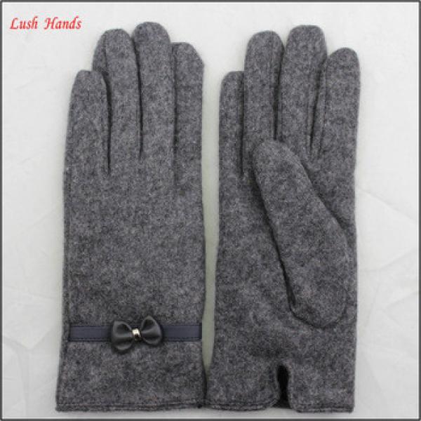 Ladies grey micro velvet gloves with leather bow for bulk purchase #1 image