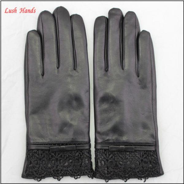 ladies sheepskin leather hand gloves with lace black #1 image