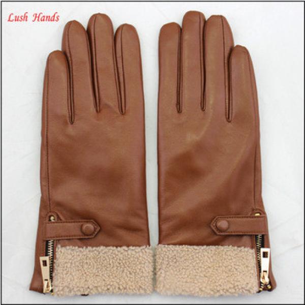 ladies cheap driving leather hand gloves with lamb fur #1 image
