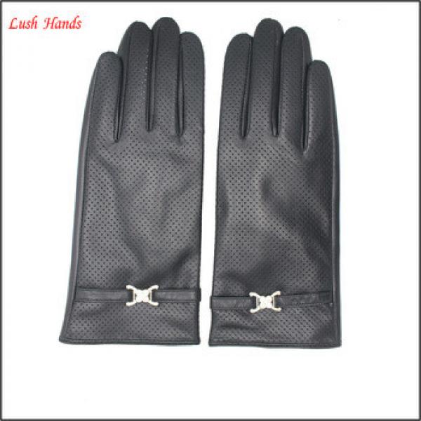 women genuine leather hand gloves black with belt #1 image