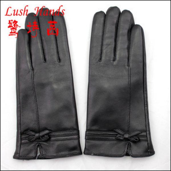 women black leather gloves with bow on cuff, touch screen gloves #1 image