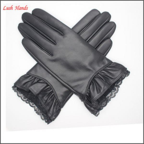 2016 Lady black genuine sheepskin touch-screen gloves with lace cuff #1 image