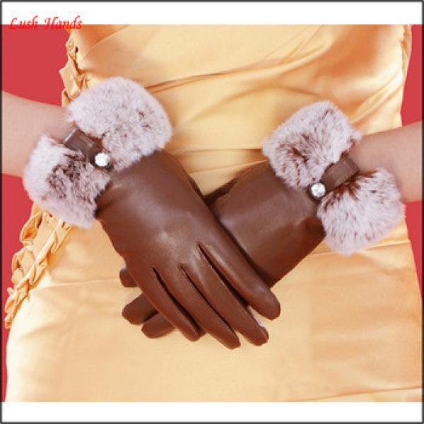 women fashion genuine leather gloves with rabbit fur cuff #1 image