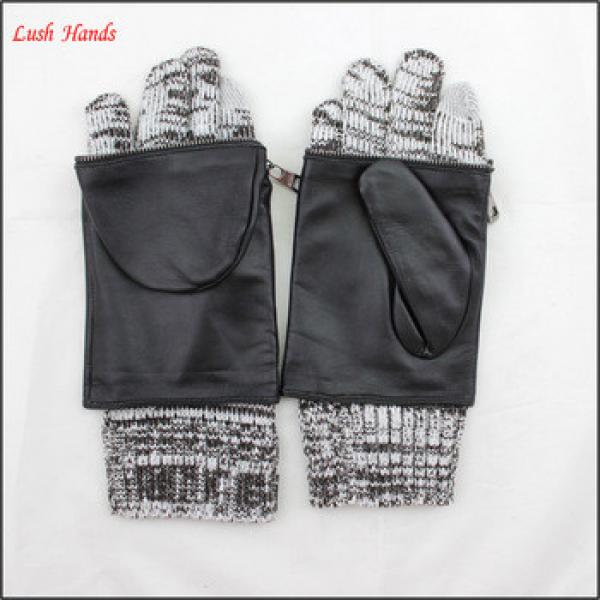 women fashion leather gloves lining grey kintted #1 image