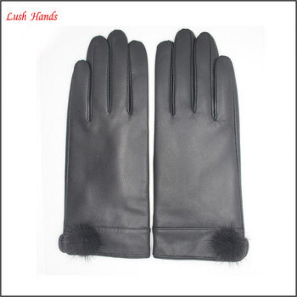 ladies winter driving black leather hand gloves with ball top #1 image