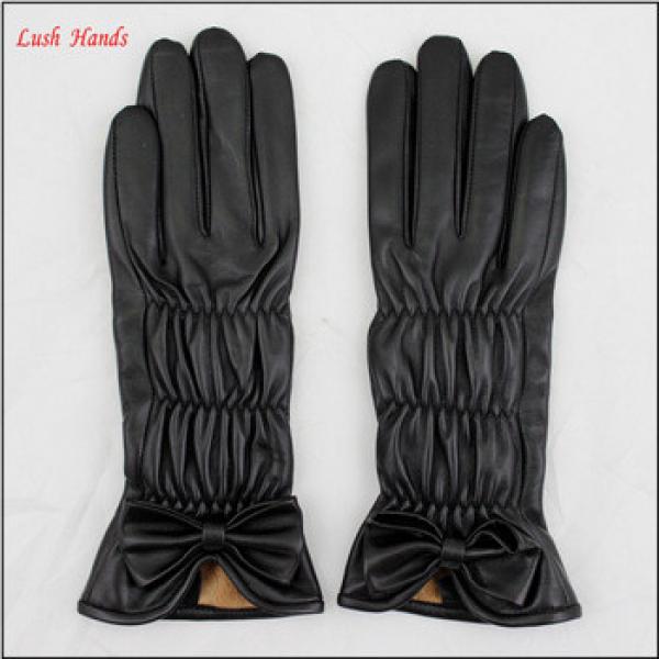 ladies cheap winter black kidskin leather hand gloves with bowknot #1 image