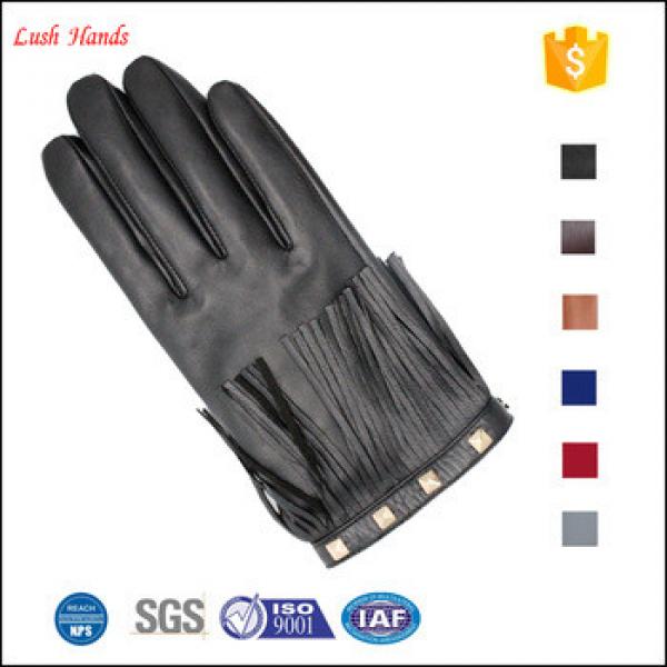 ladies genuine sheepskin leather hand gloves black with tassel #1 image