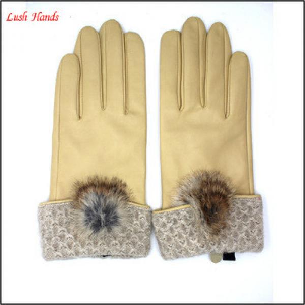 2016 new design yellow leather driving gloves with a fuzzy ball #1 image