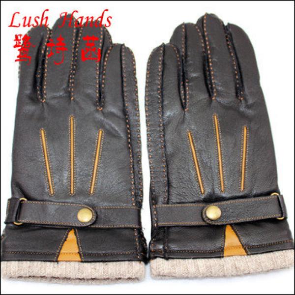 men&#39;s black simple sheepskin gloves with three yellow stitches #1 image