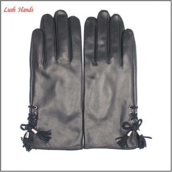Ladies black warm leather gloves with tassels fashion leather gloves #1 image