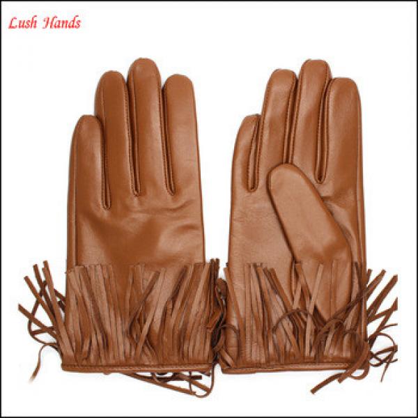 2016 fashion new style brown tassel ladies leather gloves lining polyester fur #1 image