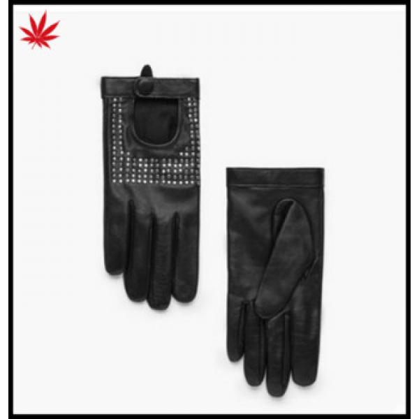 ladies short leather driver hand gloves with drill #1 image