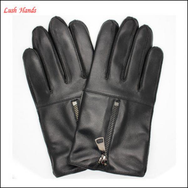 men winter black sheepskin leather gloves with zipper #1 image