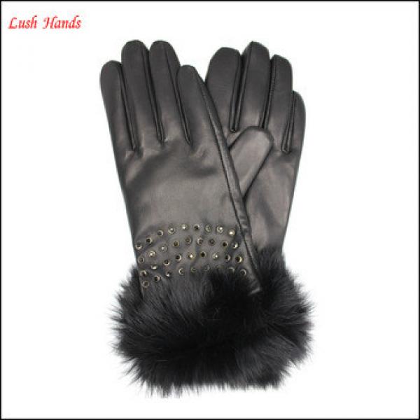 Ladies black sheepskin leather gloves with Rabbit fur #1 image
