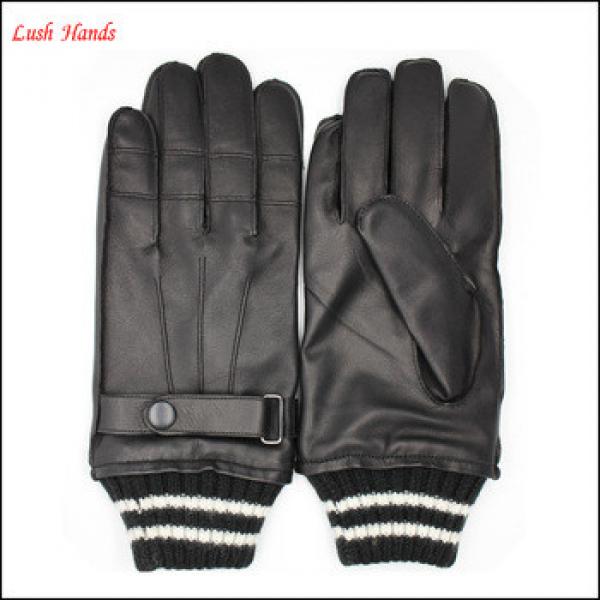 Men&#39;s warm knit cuff leather gloves with outside sewing #1 image