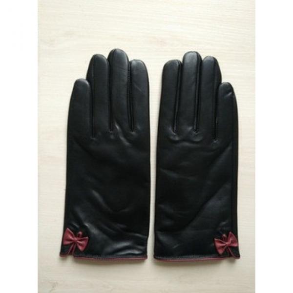 ladies genuine winter thin leather hand gloves with red bow #1 image