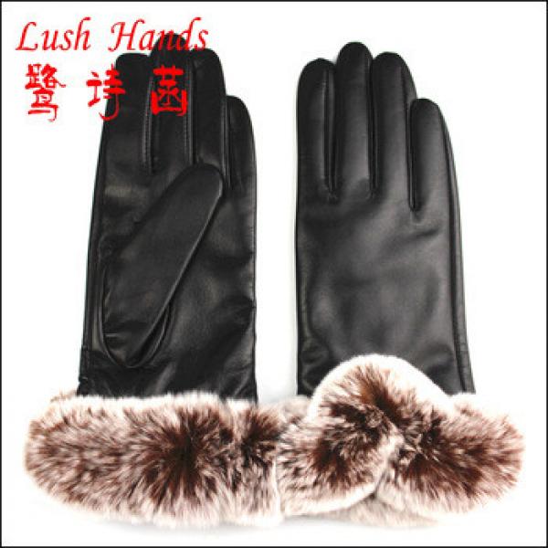 women black sheepskin leather gloves with brown rabbit fur #1 image