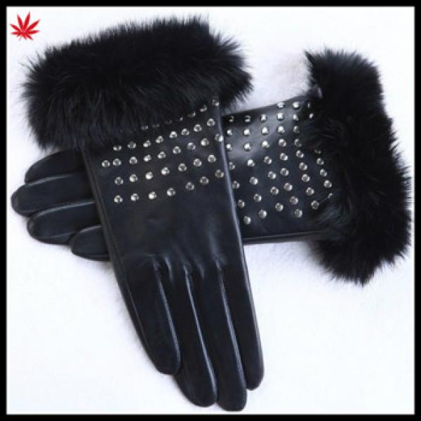 Sexy women studded leather gloves real rabbit fur cuff leather gloves #1 image