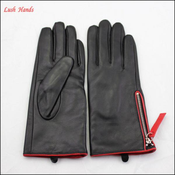 fashion ladies sheepskin leather gloves with silver zipper #1 image