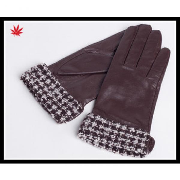 Women &#39;s silk lined leather gloves with fabric cuff detail #1 image