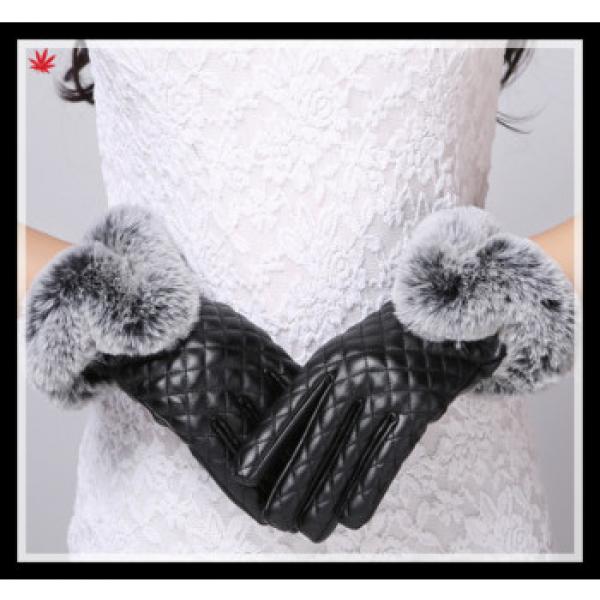 women&#39;s black checkered leather gloves with rabbit fur cuff #1 image