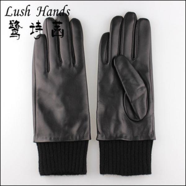 women fashion knitted cuff warm black hand leather gloves #1 image