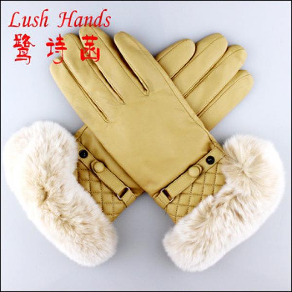 2016 top selling high quality leather glove with rabbbit fur on cuffs #1 image
