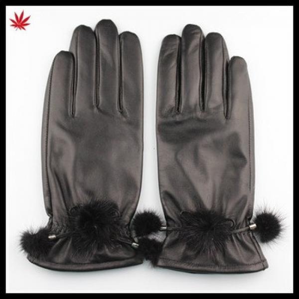 ladies fashion dress sexy leather glove with mink ball from factory #1 image