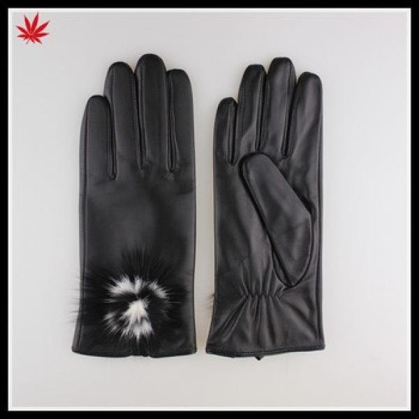 women fashion black patent leather glove with fur ball #1 image