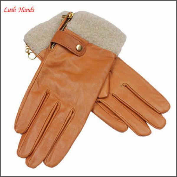 lady camel colored warm winter leather gloves with zipper #1 image