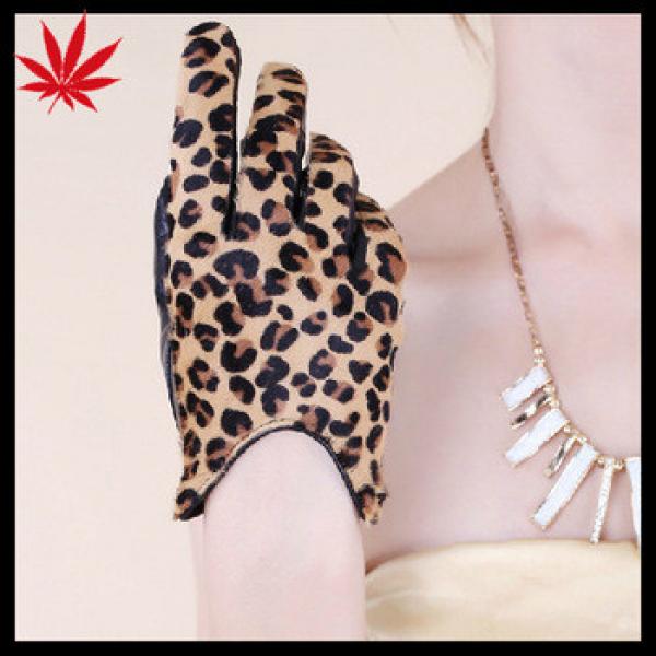 Fashion Leopard Short Women&#39;s Driving Leather Gloves with horse fur cuff #1 image