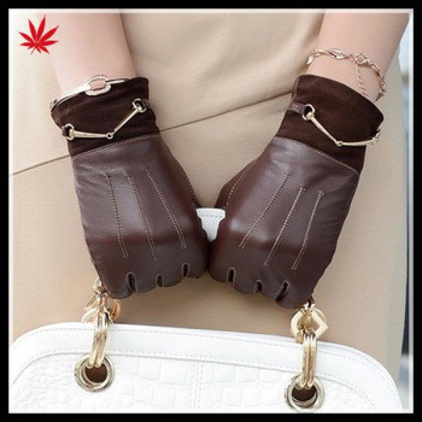 Fashion Brown Leather Gloves with golden chain for lady #1 image