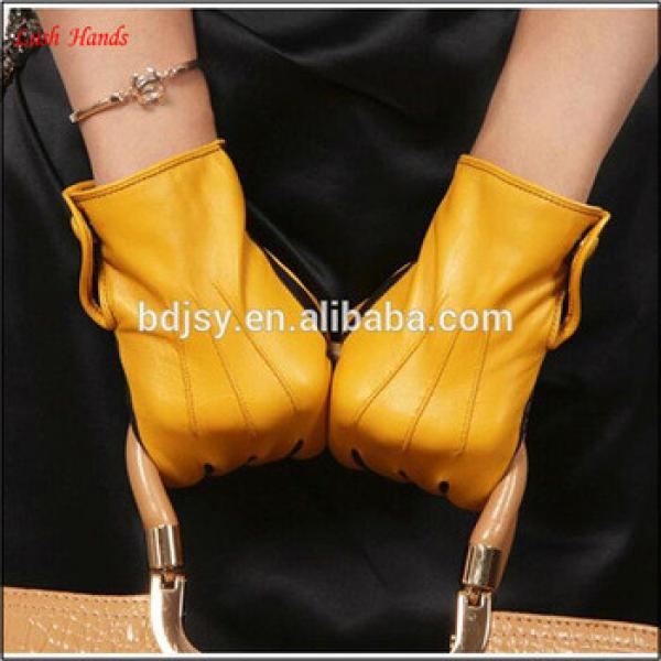 Ladies yellow joint black button winter leather gloves #1 image