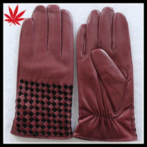 Men&#39;s designer red wearing leather gloves with black weaving at back #1 image