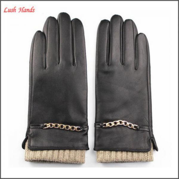 Lady knit wool cuff leather gloves with metal chain #1 image