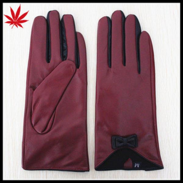 Dark red bow cuff fashion thinsulate ladies lambskin leather gloves #1 image